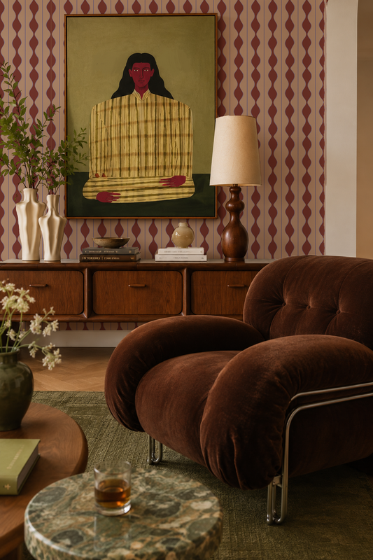 Rosario Stripe Wallpaper, peach, wine and lavender