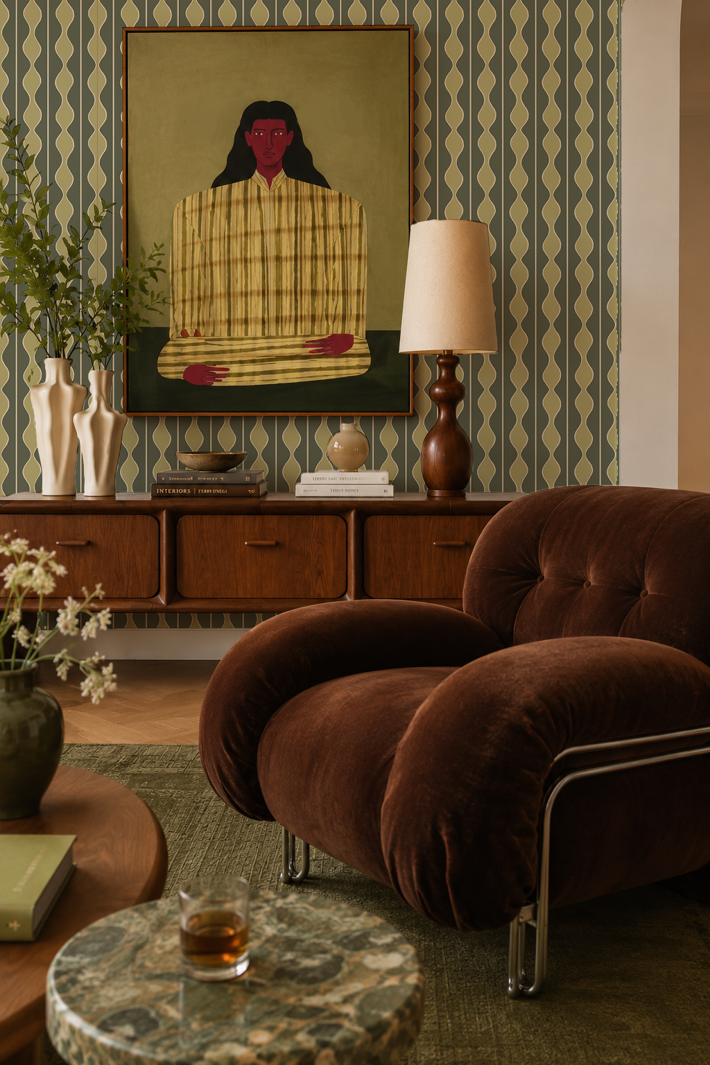 Rosario Stripe Wallpaper, pine needle and lime