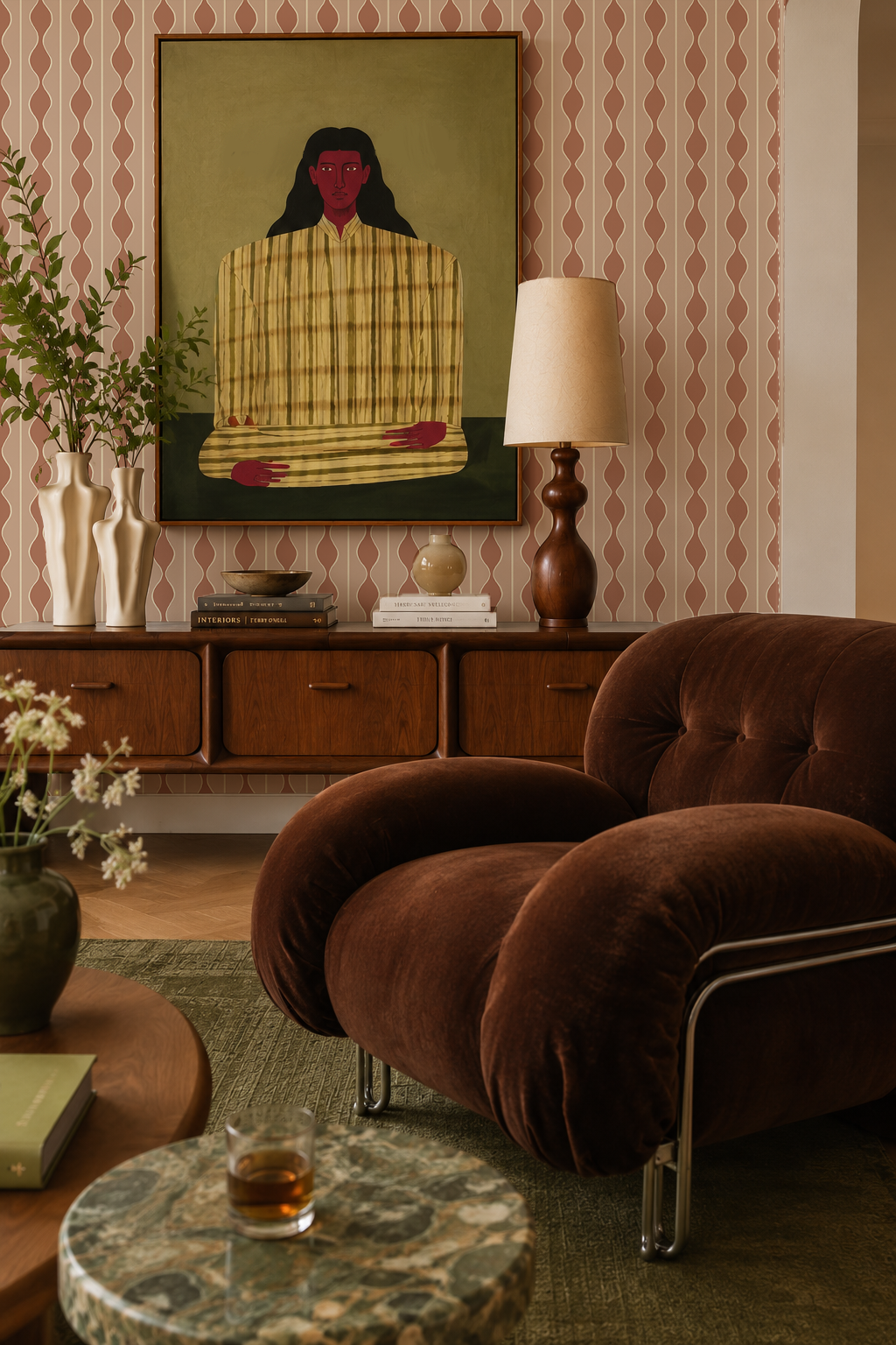 Rosario Stripe Wallpaper, pink clay and beige