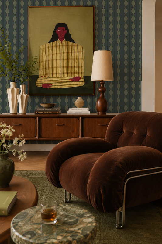 Rosario Stripe Wallpaper, stormy teal and sage