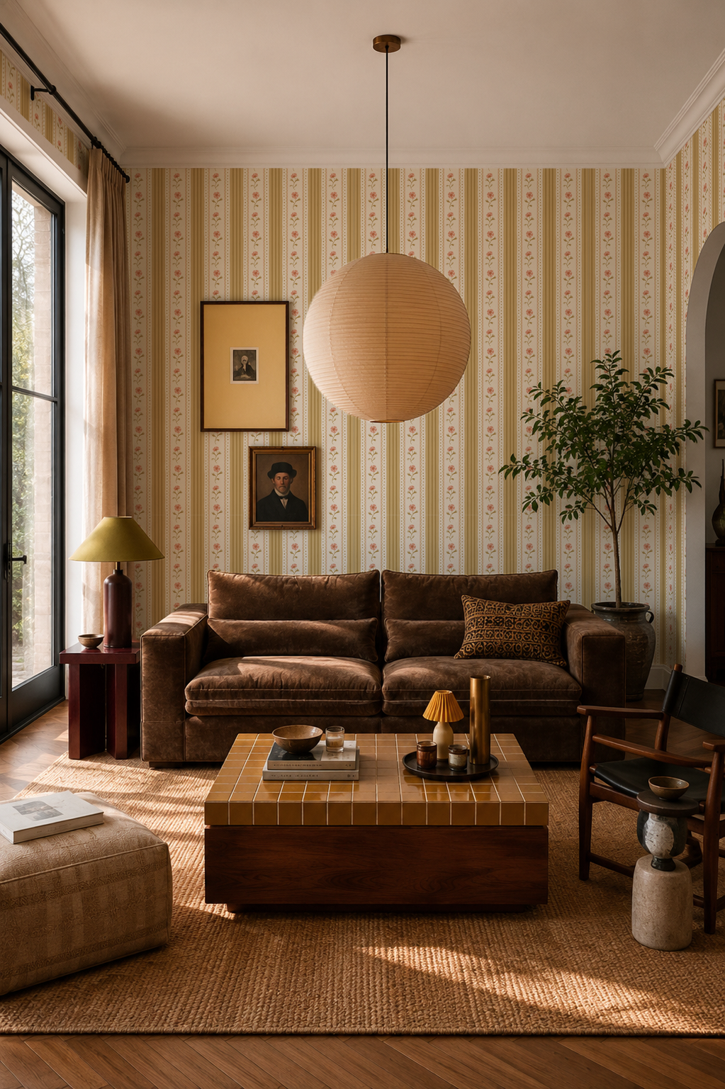 Amapola Stripe Wallpaper, beige, butter yellow and coral