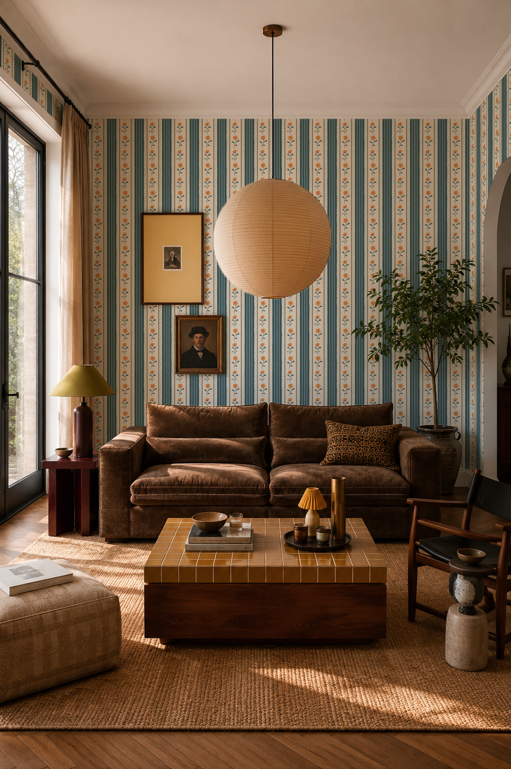 Amapola Stripe Wallpaper, beige, dark teal and orange