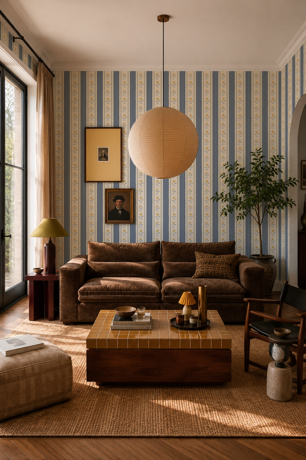 Amapola Stripe Wallpaper, beige, dusty blue and yellow