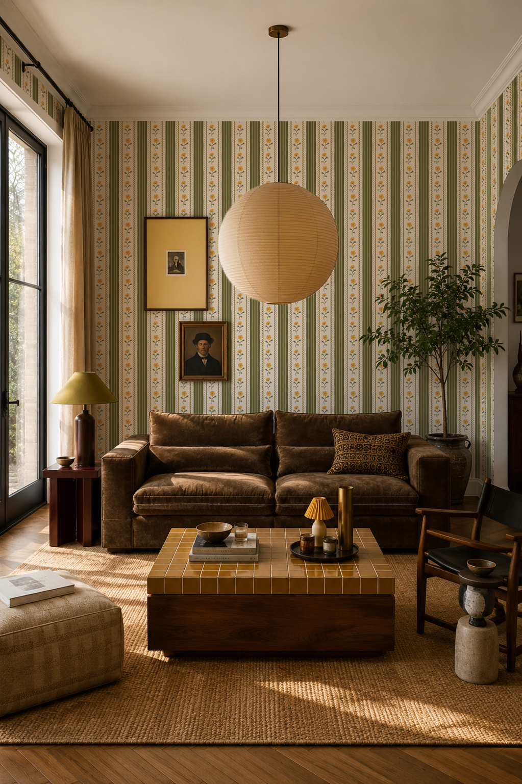 Amapola Stripe Wallpaper, beige, olive green and marigold