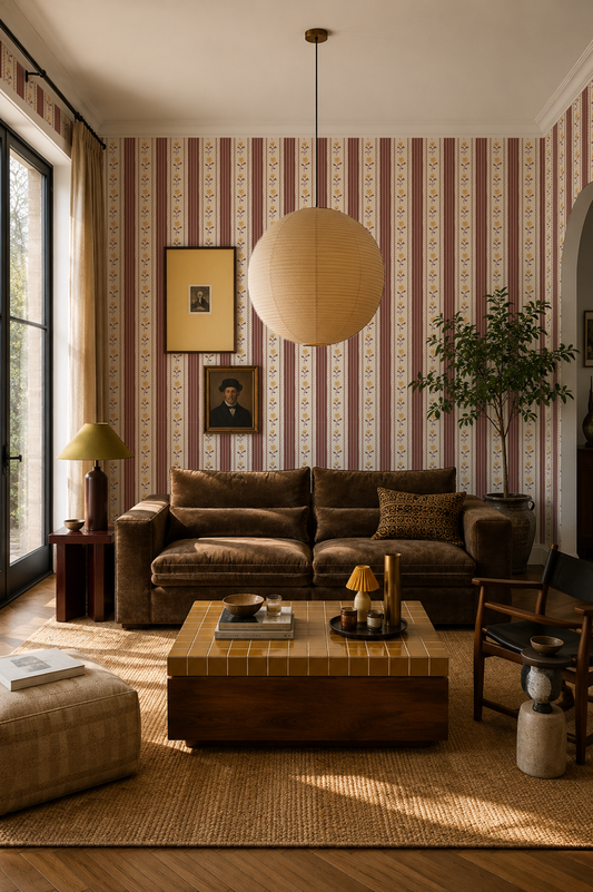 Amapola Stripe Wallpaper, beige, wine and marigold