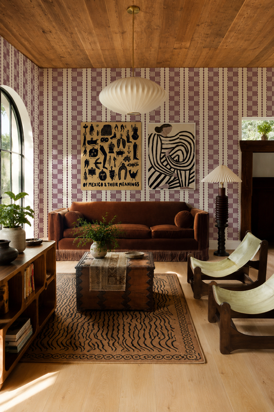 Telar Weave Wallpaper, beige, plum and mauve
