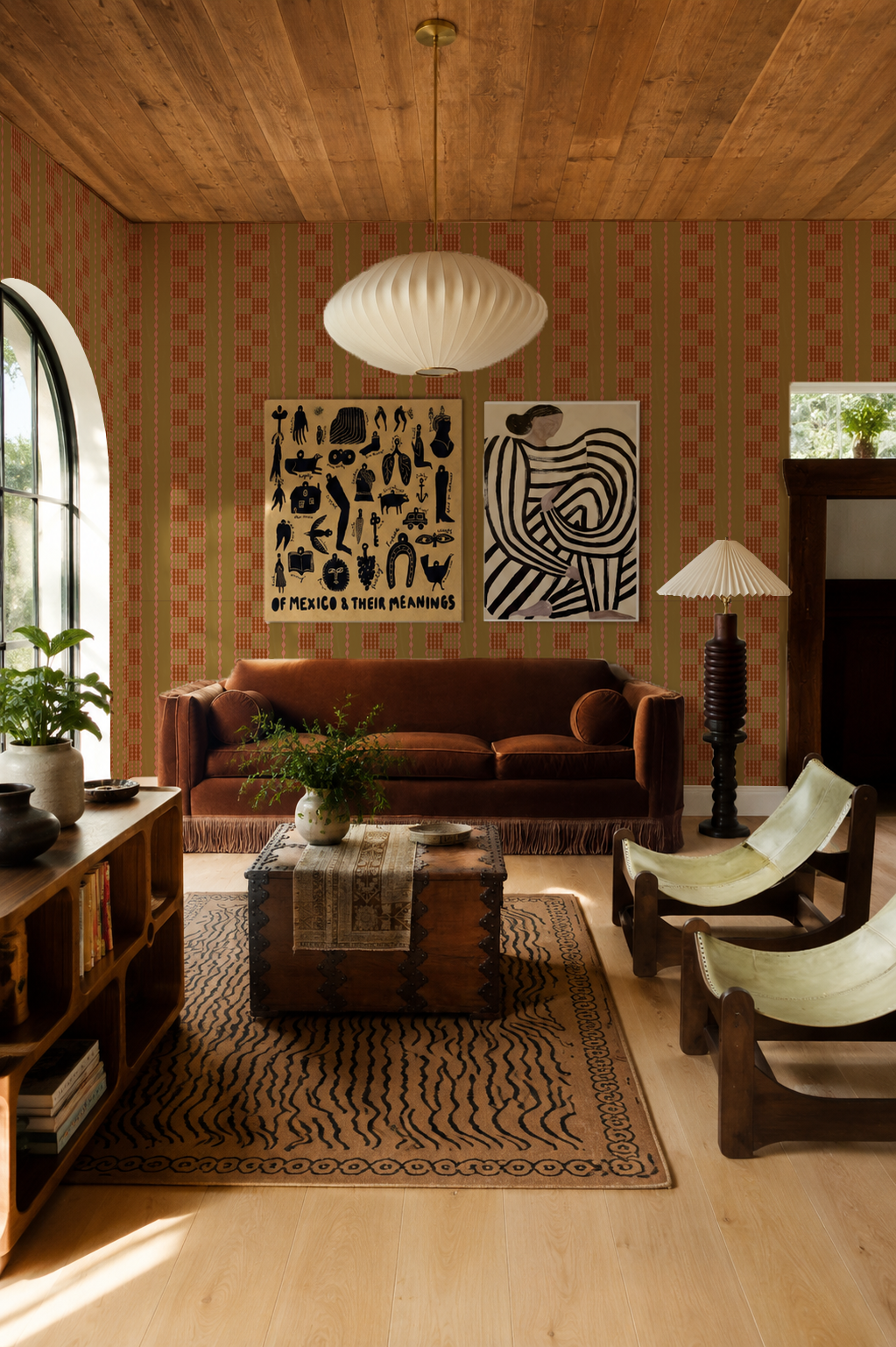 Telar Weave Wallpaper, chartreuse, peach and orange