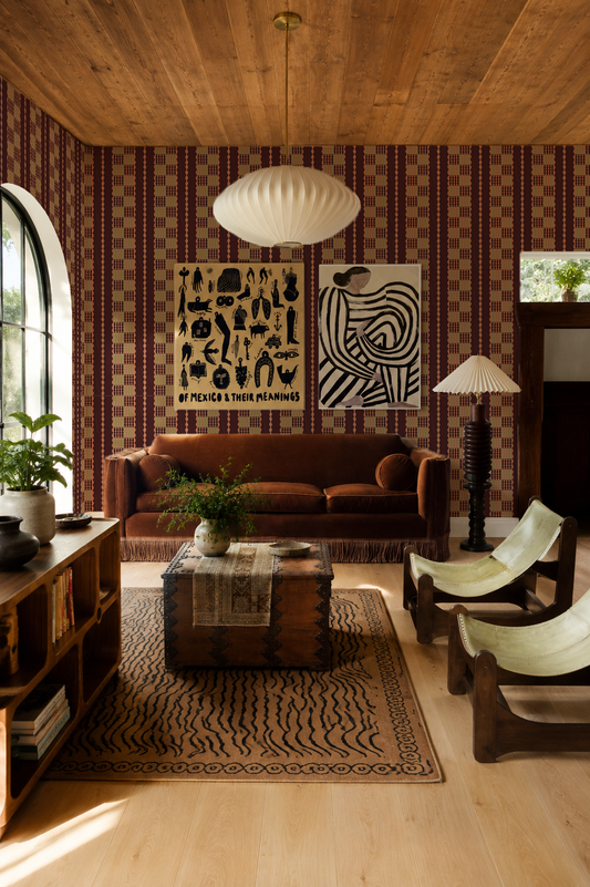 Telar Weave Wallpaper, fig, coral and pistachio