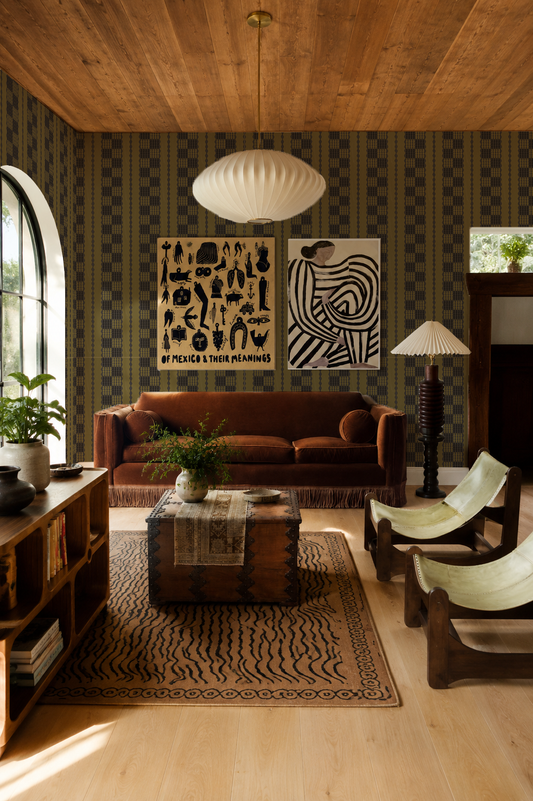 Telar Weave Wallpaper, olive and charcoal
