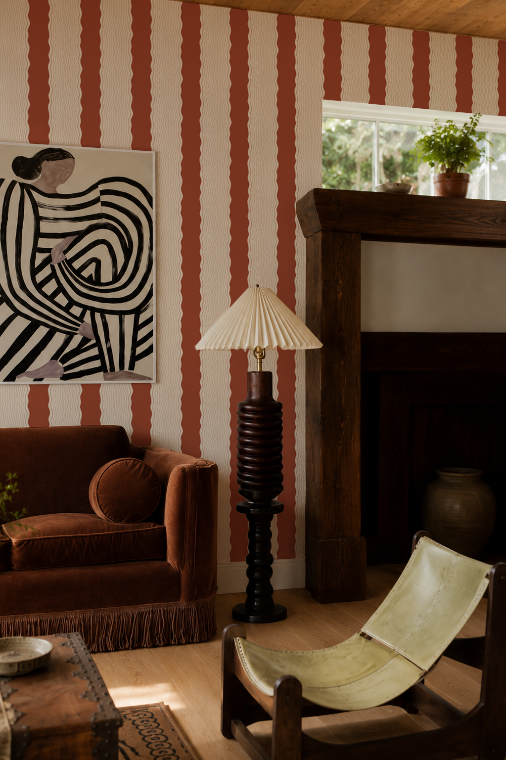 Rio Ripple Wallpaper, beige and brick red