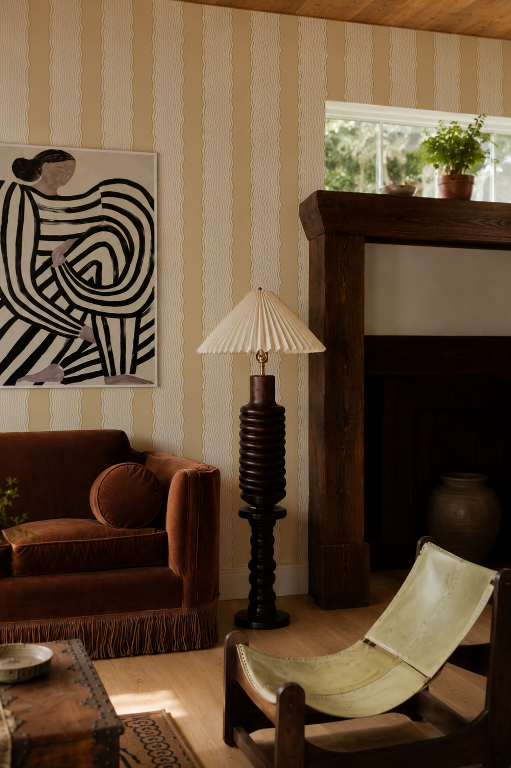 Rio Ripple Wallpaper, beige, butter yellow and brown mustard