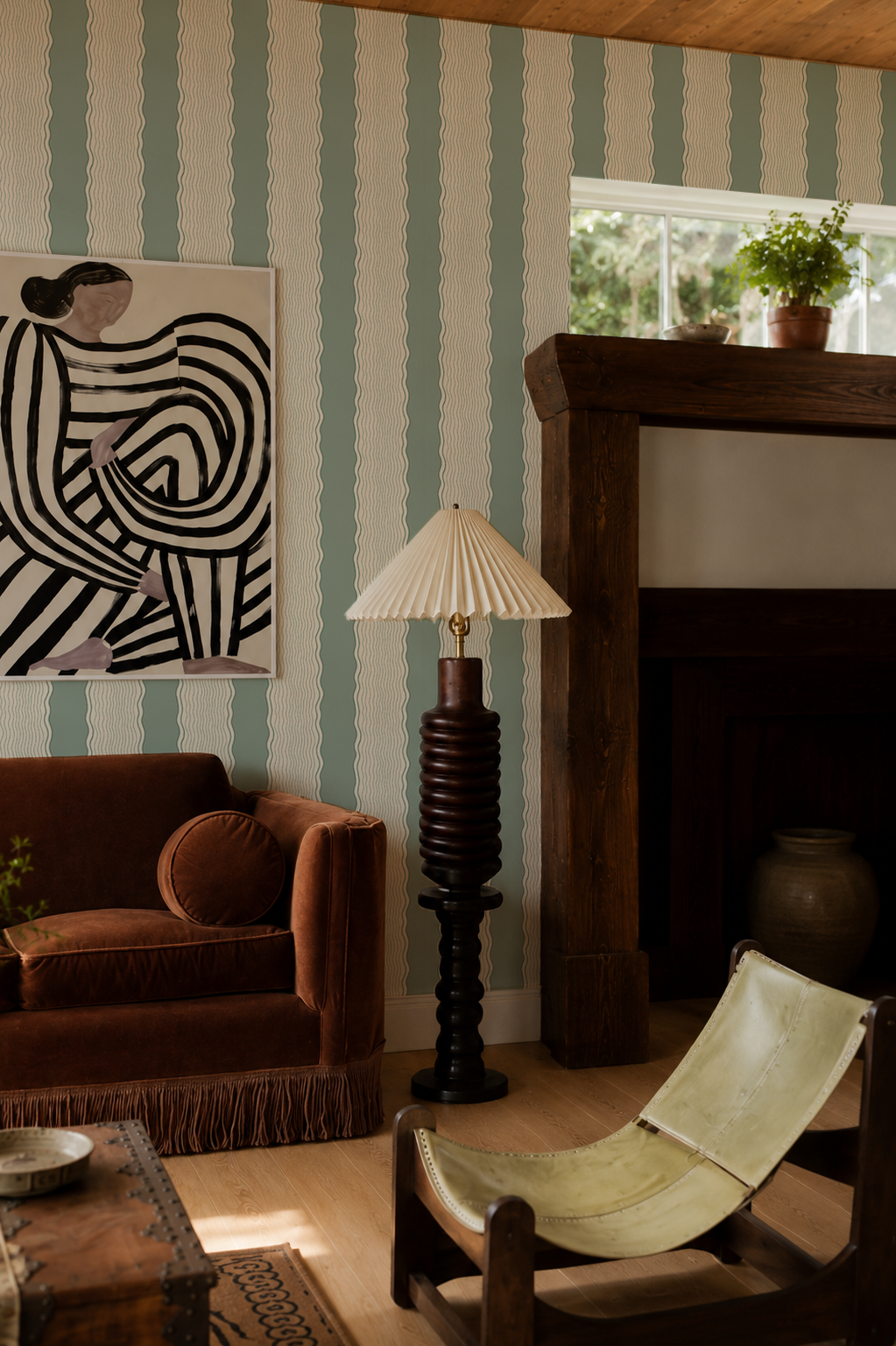 Rio Ripple Wallpaper, beige and dusty teal