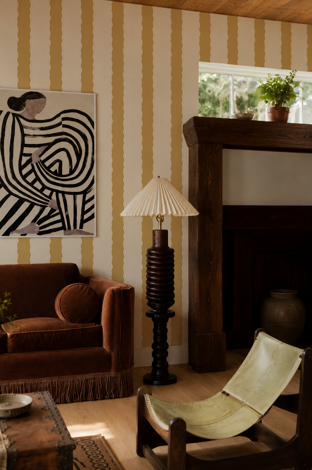 Rio Ripple Wallpaper, beige and mustard yellow