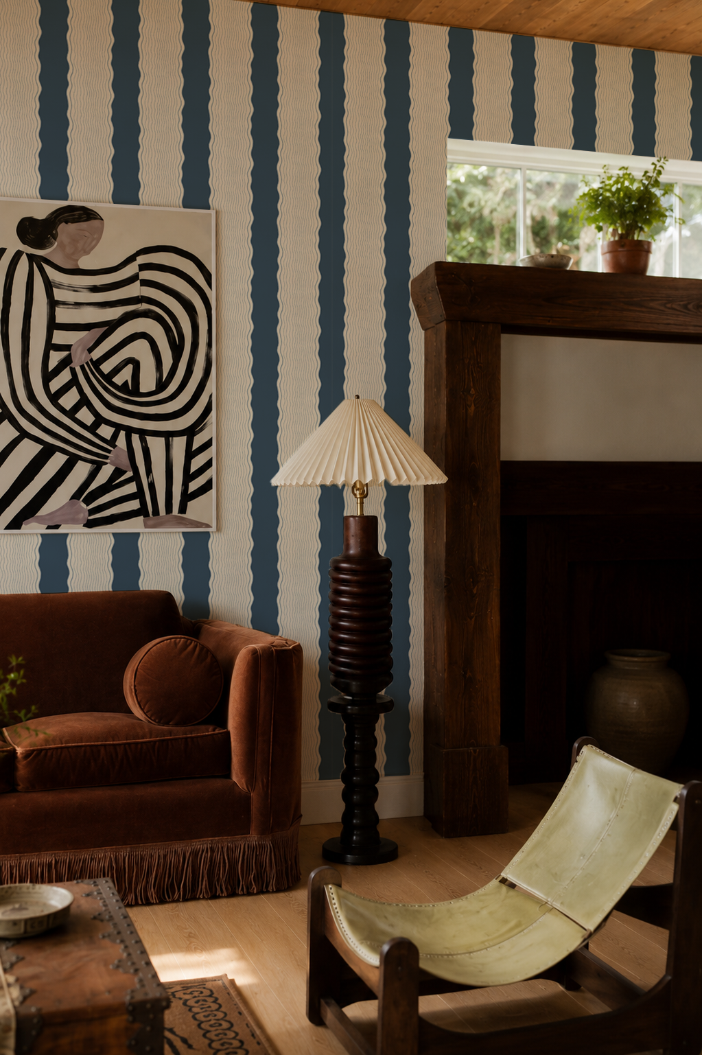 Rio Ripple Wallpaper, beige and navy