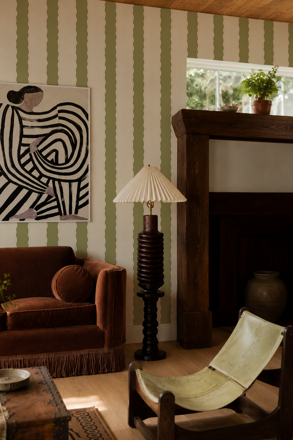 Rio Ripple Wallpaper, beige and olive green