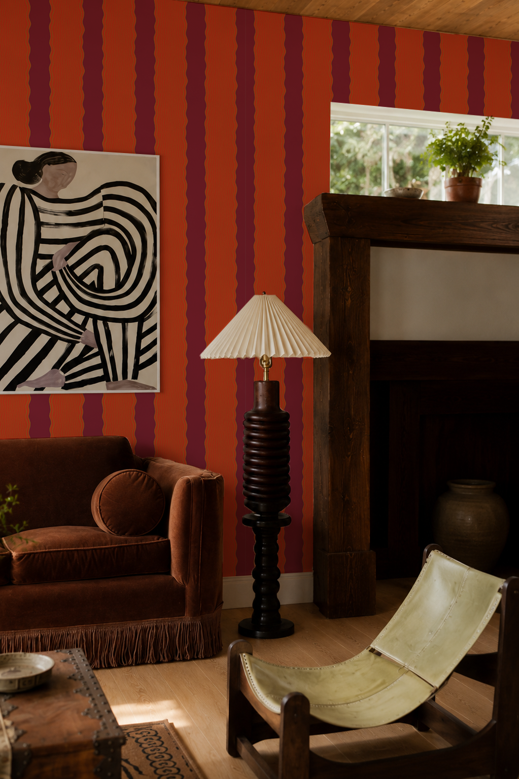 Rio Ripple Wallpaper, deep fuchsia and poppy red