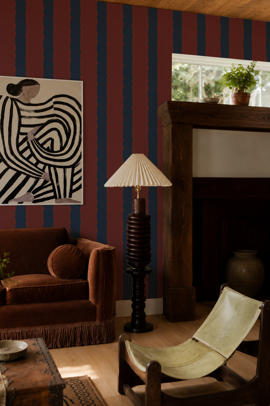 Rio Ripple Wallpaper, navy and fig
