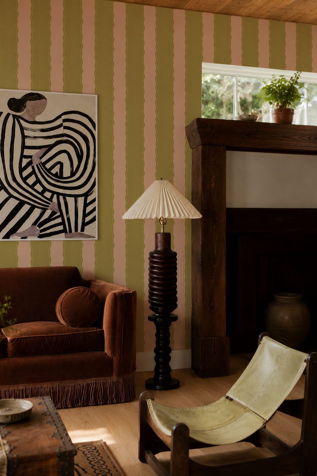 Rio Ripple Wallpaper, peach and olive