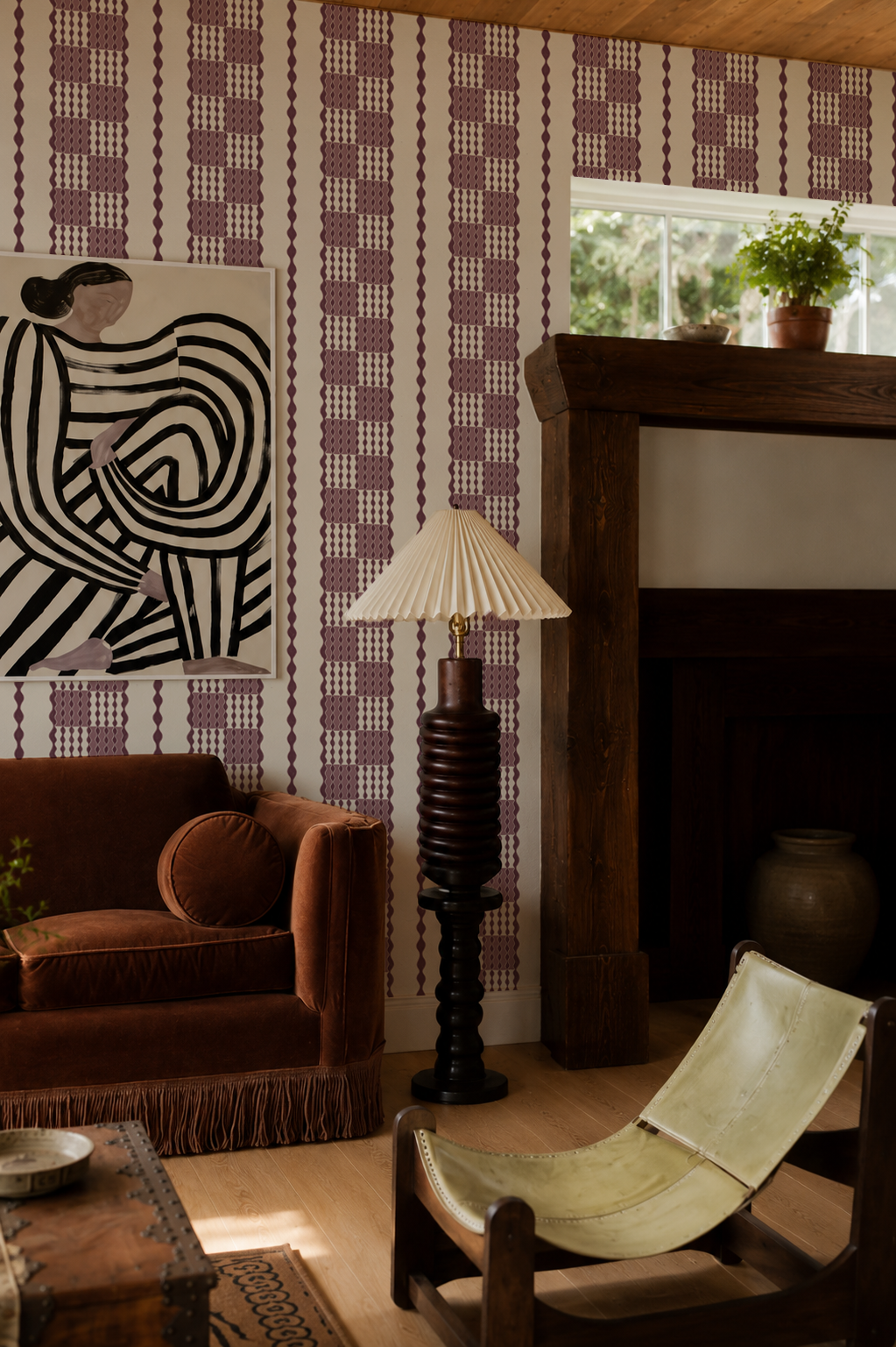 Telar Weave Wallpaper, beige, plum and mauve