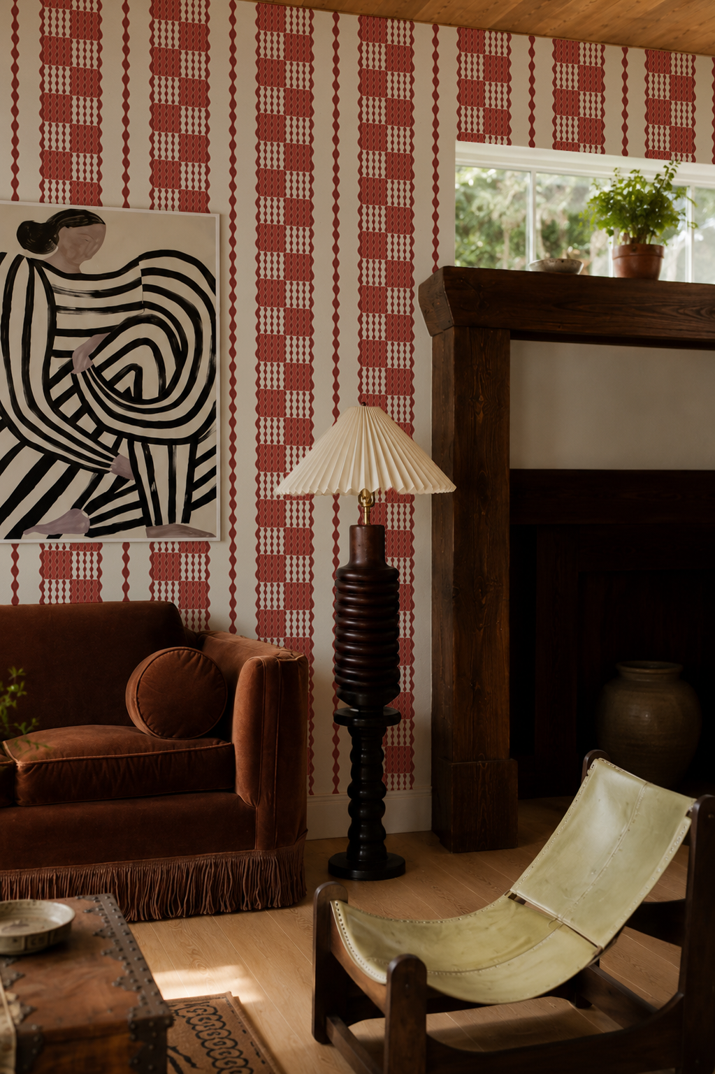 Telar Weave Wallpaper, beige and red
