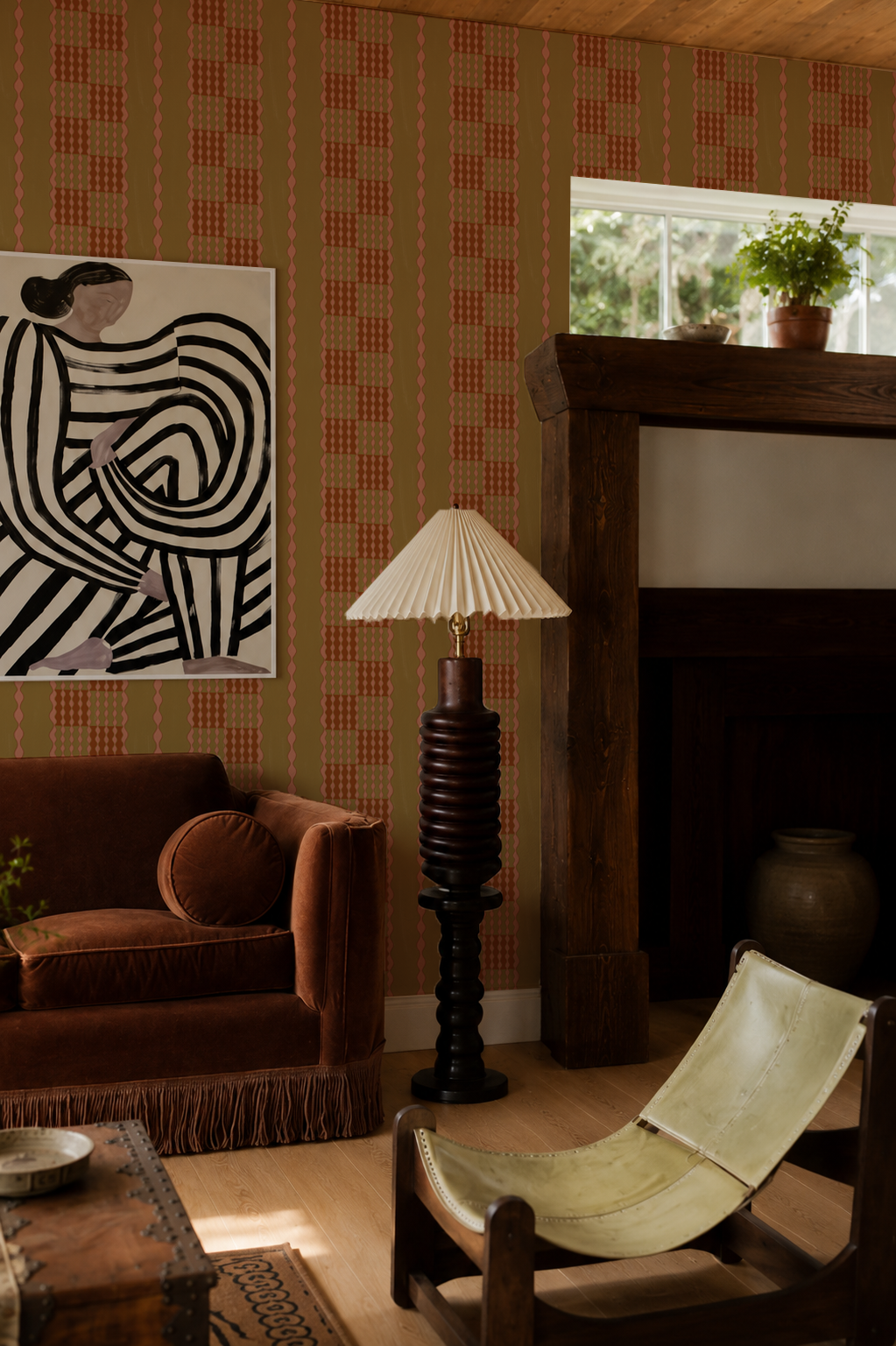 Telar Weave Wallpaper, chartreuse, peach and orange