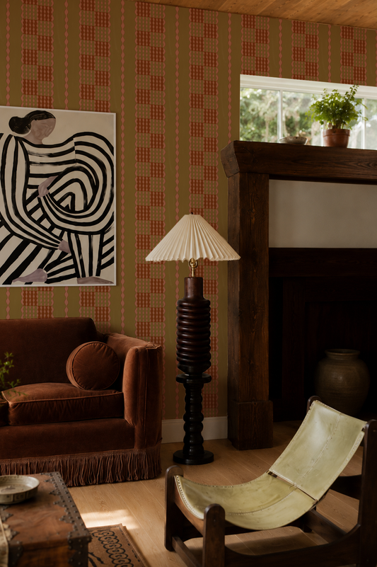 Telar Weave Wallpaper, chartreuse, peach and orange