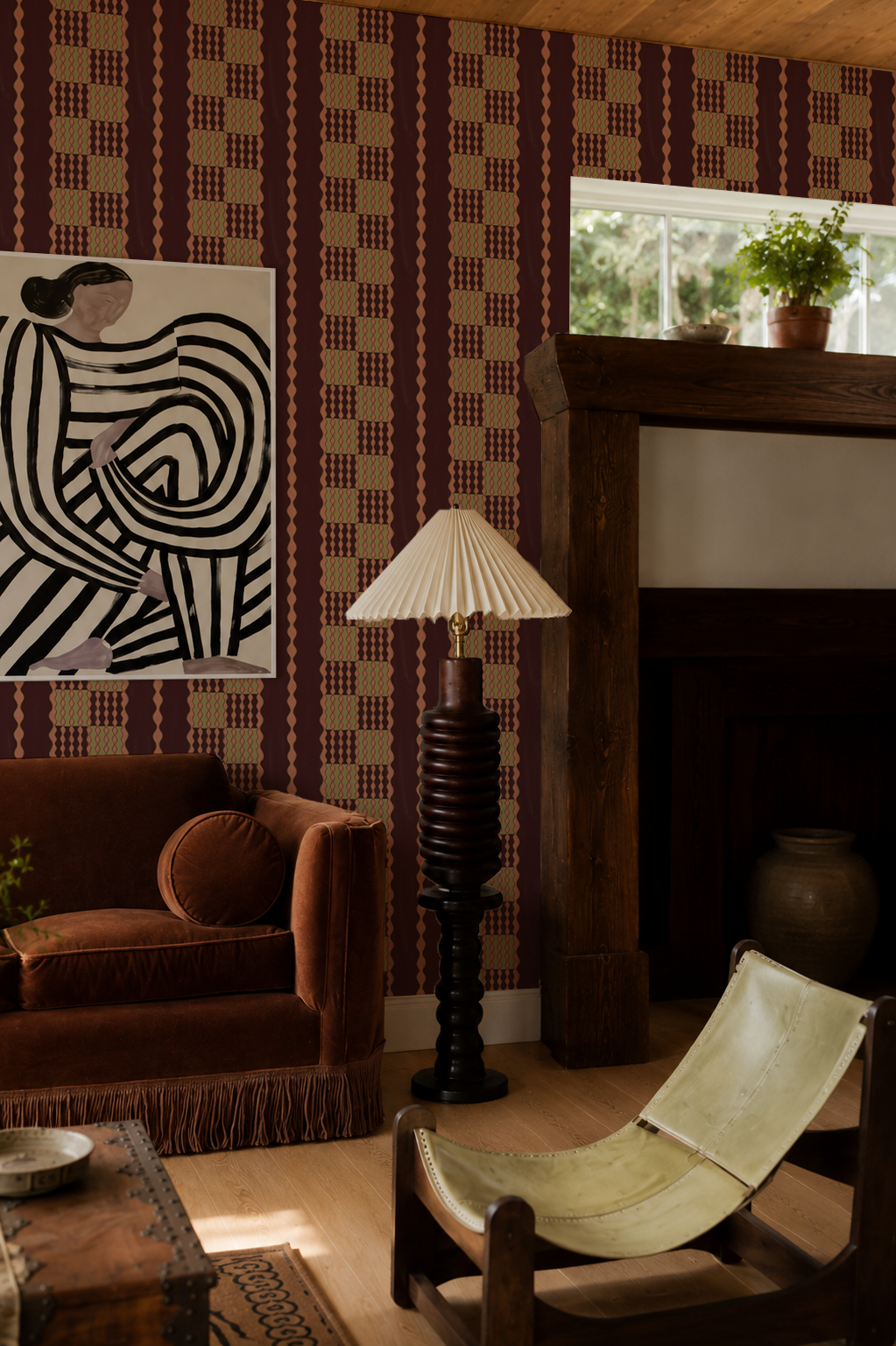 Telar Weave Wallpaper, fig, coral and pistachio