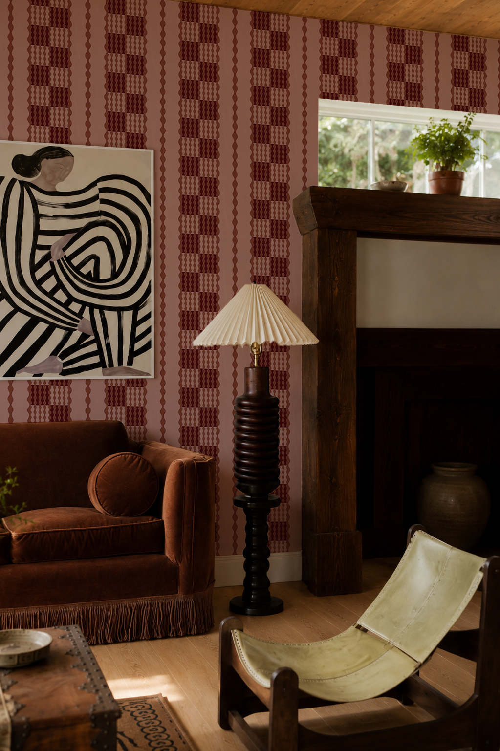 Telar Weave Wallpaper, mauve, terra cotta and wine