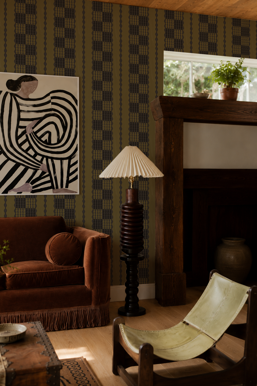 Telar Weave Wallpaper, olive and charcoal