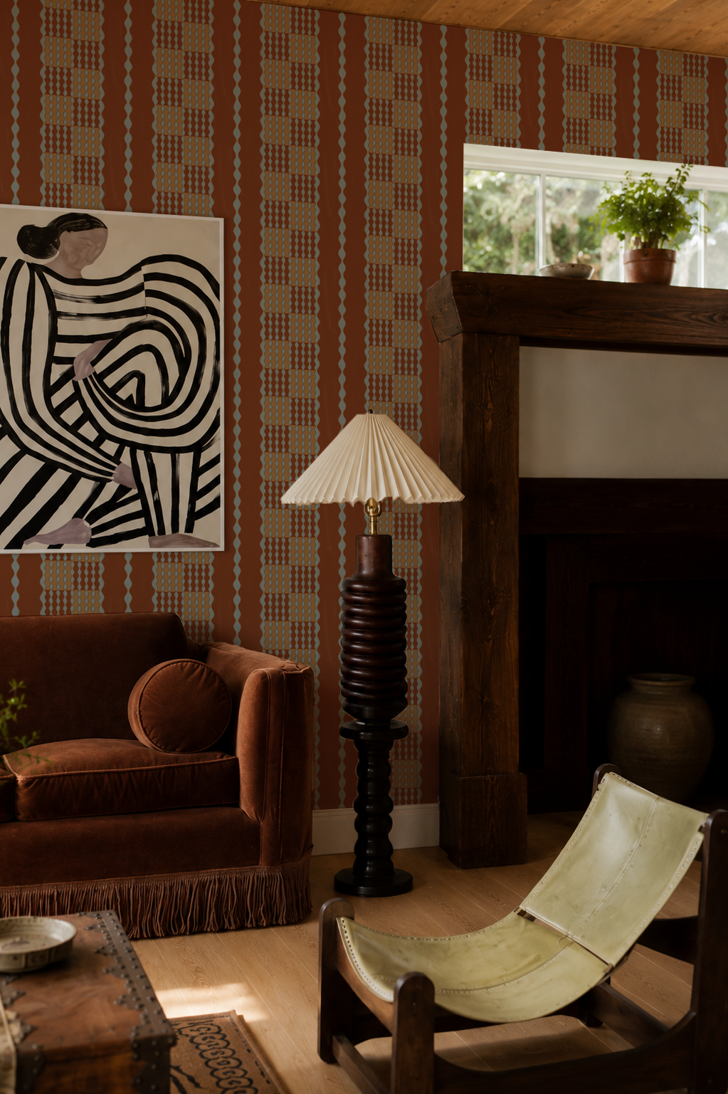 Telar Weave Wallpaper, rust, dusty blue and butter
