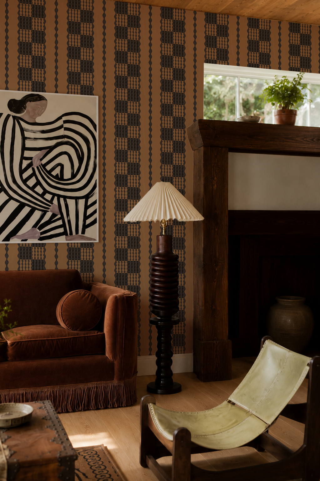Telar Weave Wallpaper, toffee and charcoal