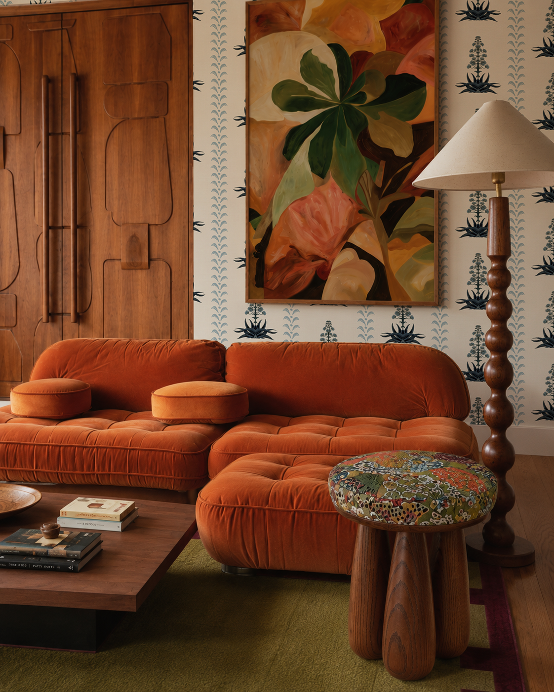 Century Bloom Wallpaper, beige and blue
