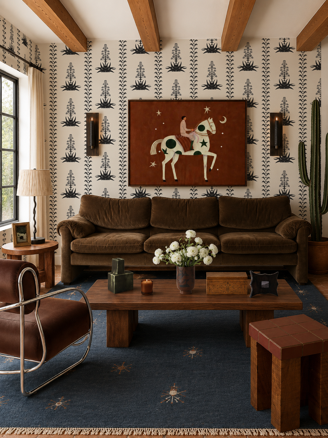 Century Bloom Wallpaper, beige and black