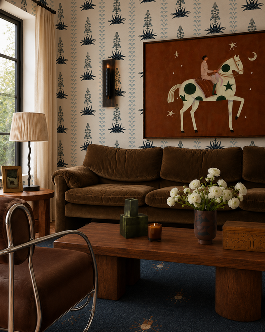 Century Bloom Wallpaper, beige and blue