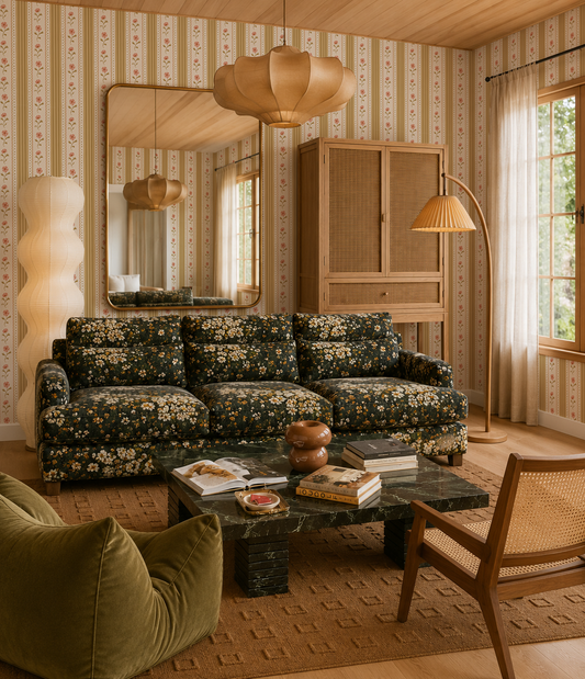 Amapola Stripe Wallpaper, beige, butter yellow and coral