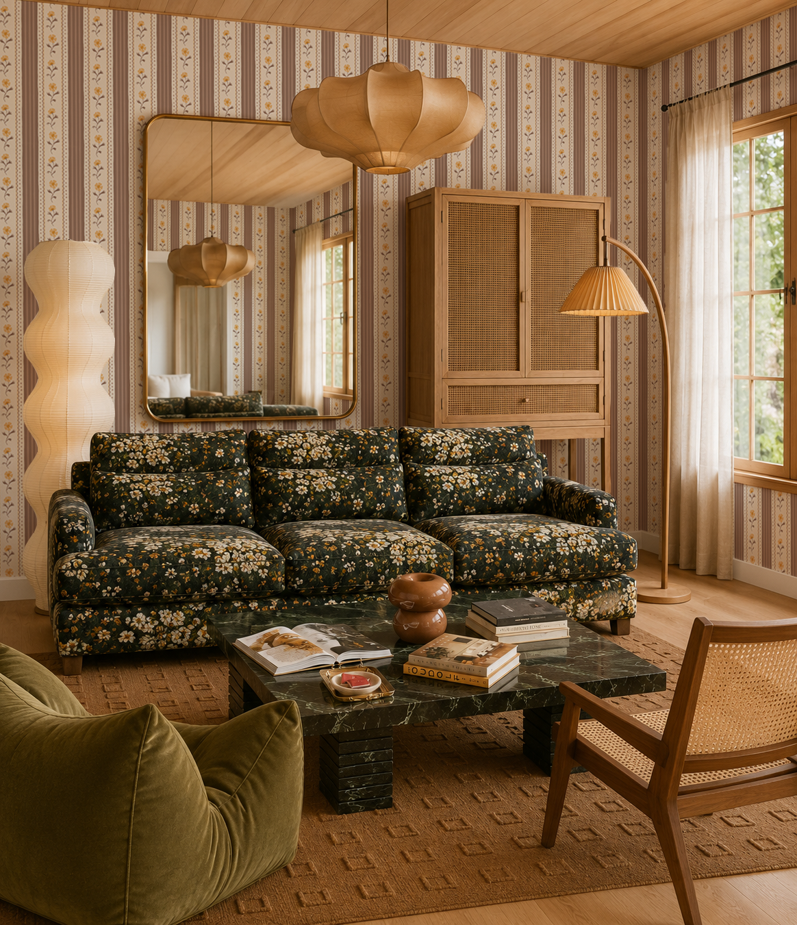 Amapola Stripe Wallpaper, beige, coco and marigold