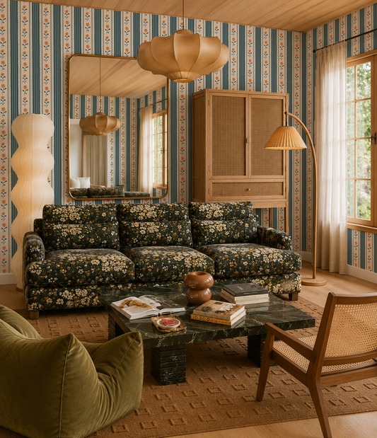 Amapola Stripe Wallpaper, beige, olive green and marigold