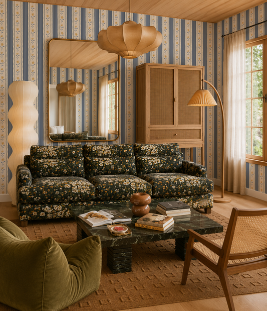 Amapola Stripe Wallpaper, beige, dusty blue and yellow