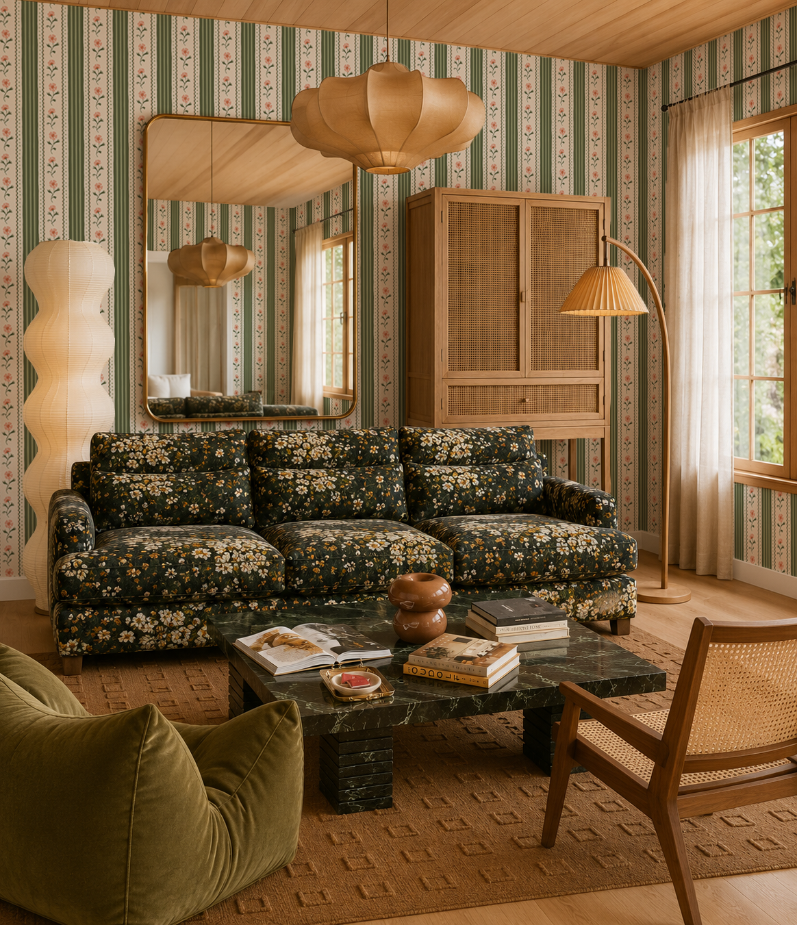 Amapola Stripe Wallpaper, beige, green and peach