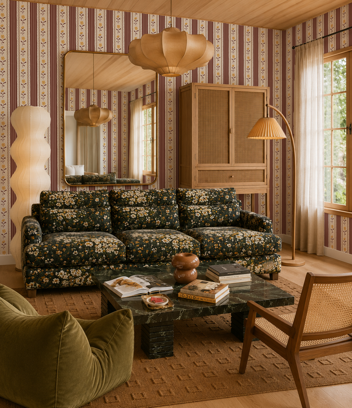 Amapola Stripe Wallpaper, beige, wine and marigold