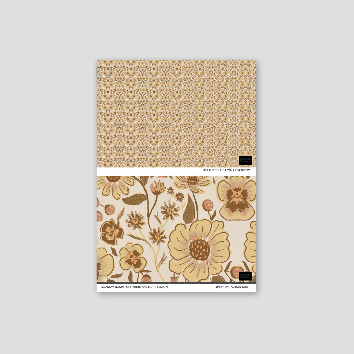 Meadow Bloom wallpaper with off-white and light yellow floral pattern sample.