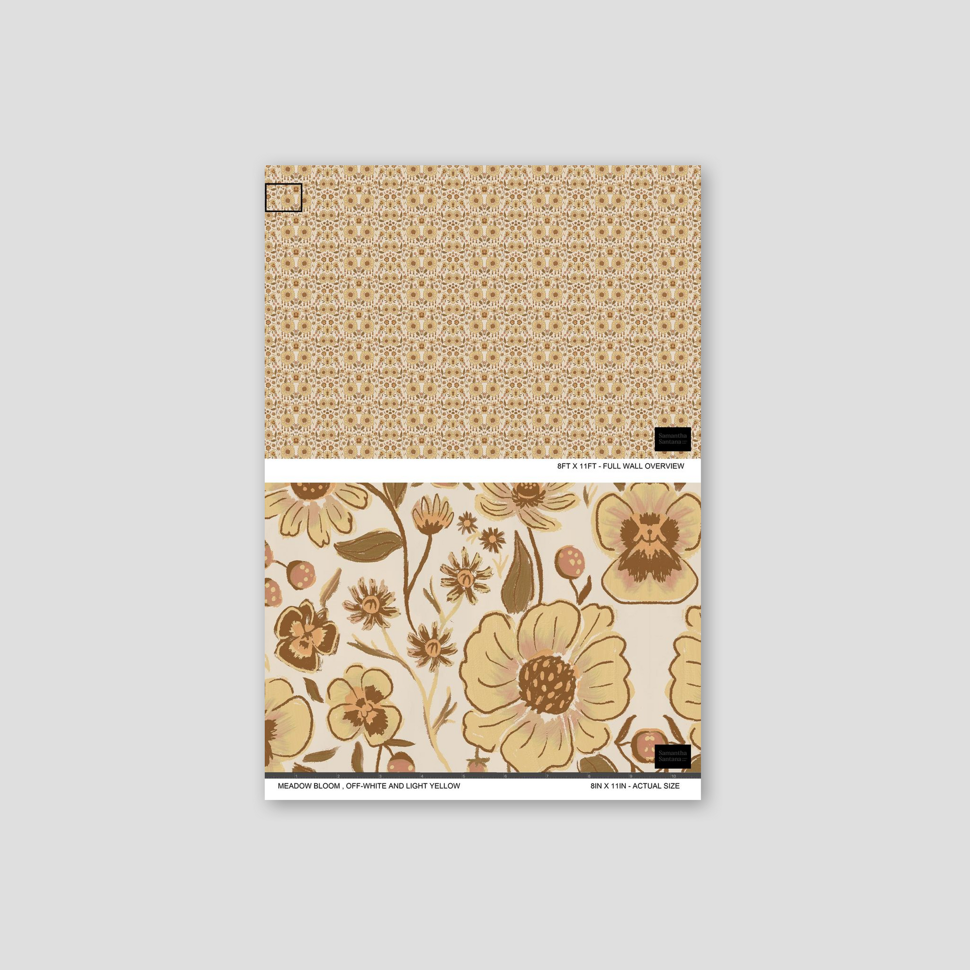 Meadow Bloom wallpaper with off-white and light yellow floral pattern sample.