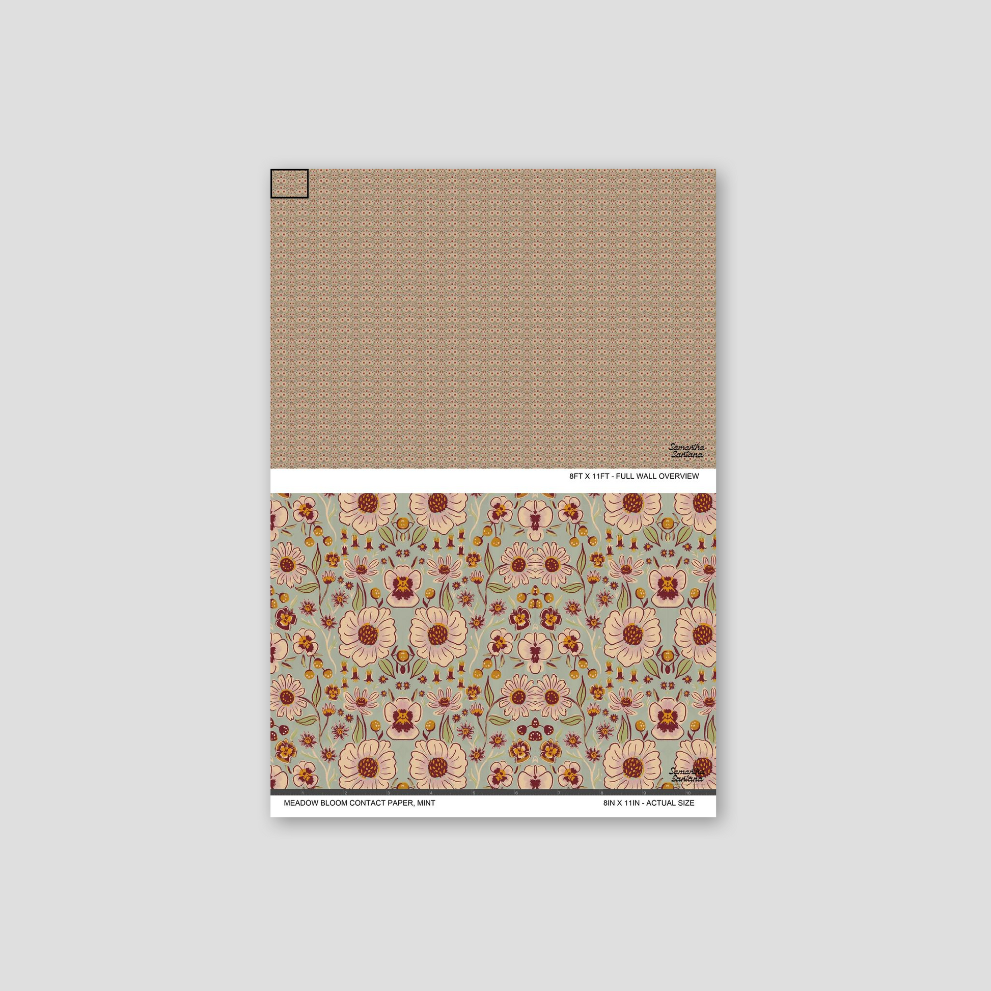 Mint floral contact paper, shelf liner with vintage botanical pattern and pastel colors.