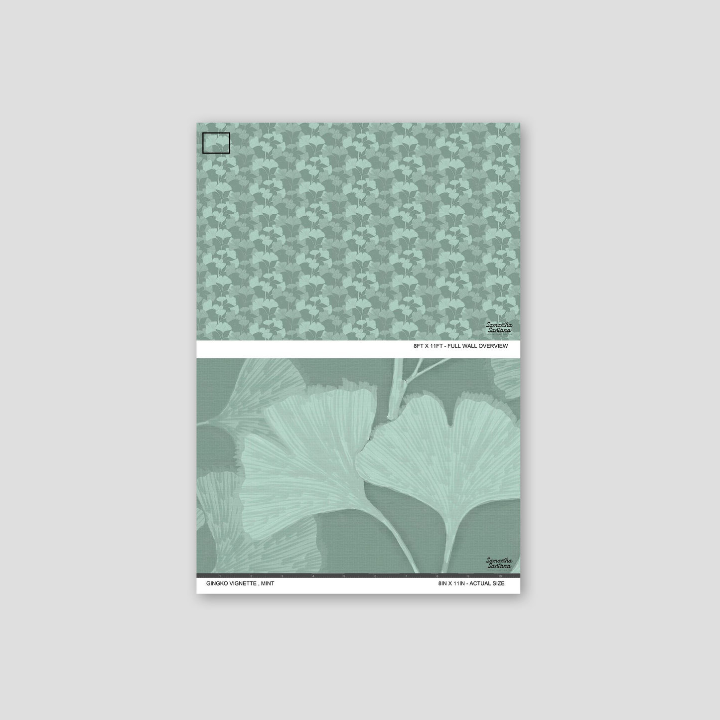 Mint gingko leaf pattern wallpaper sample with serene botanical design.