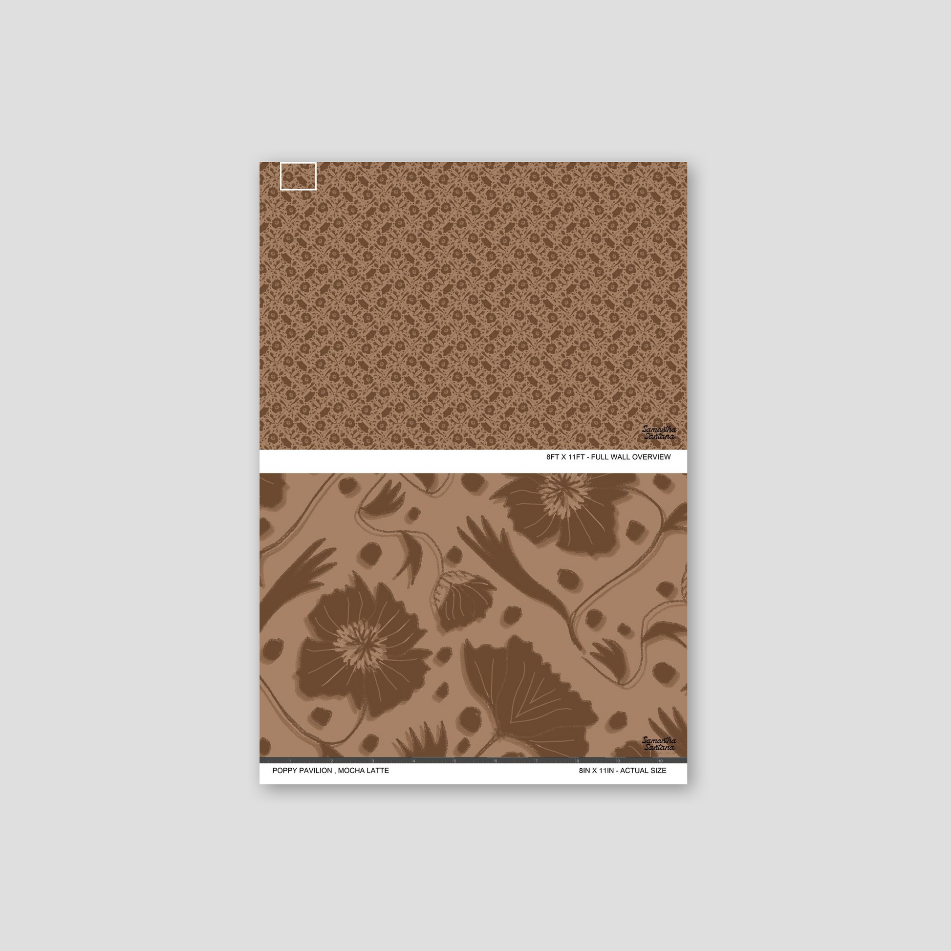 Mocha latte floral wallpaper with poppy design sample.