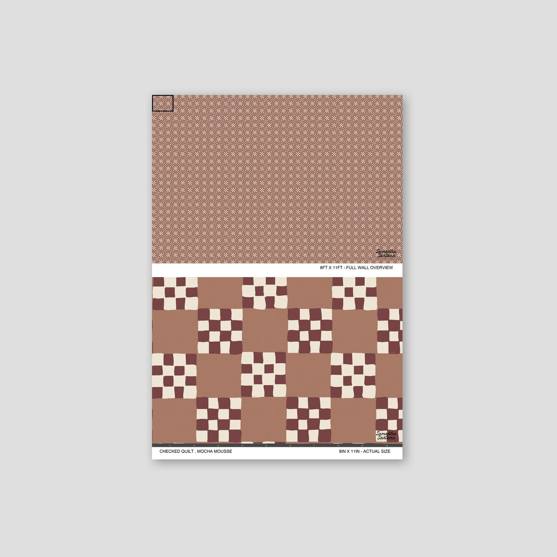Mocha mousse checked quilt wallpaper with geometric pattern sample.
