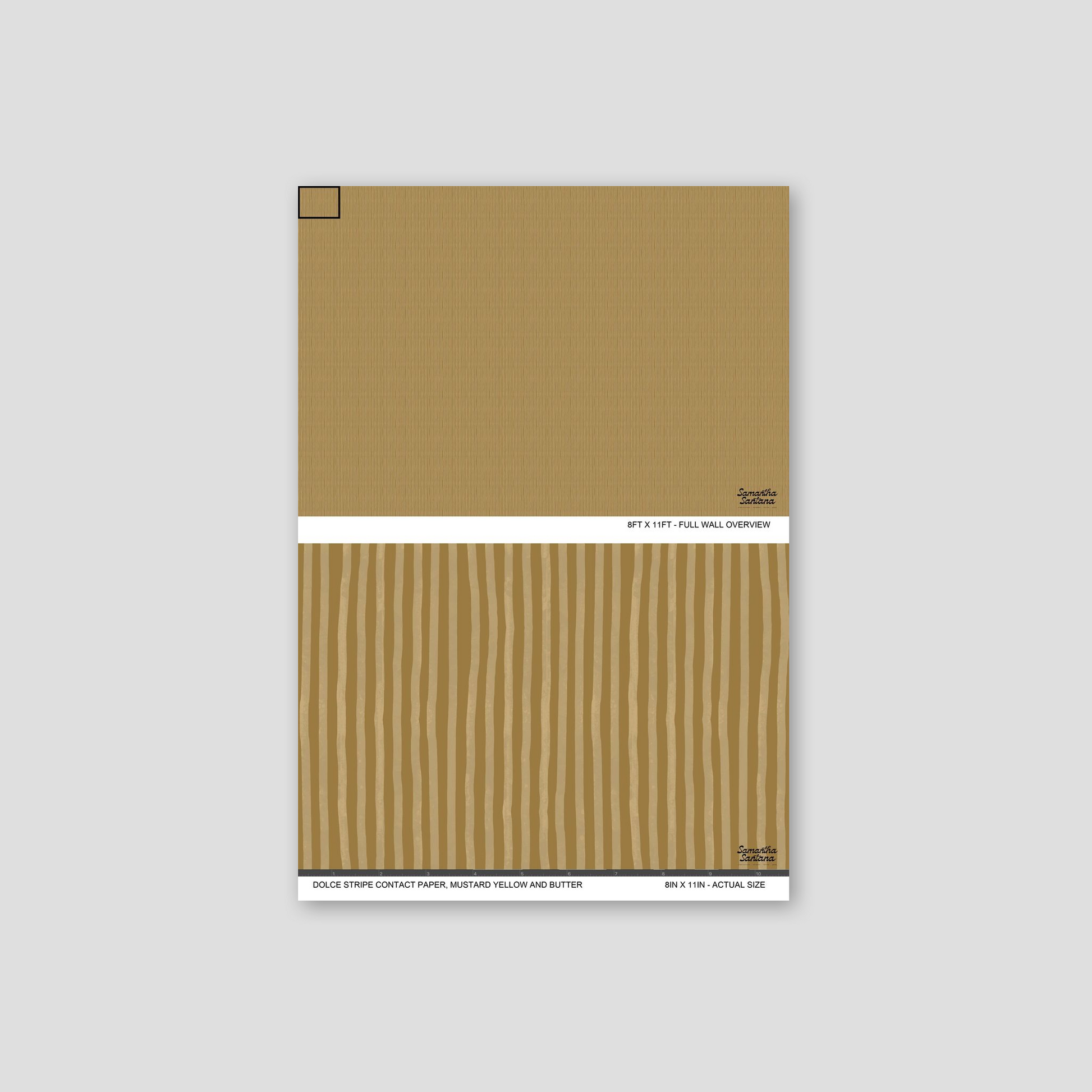 Mustard yellow and butter striped contact paper, shelf liner sample with warm tones.