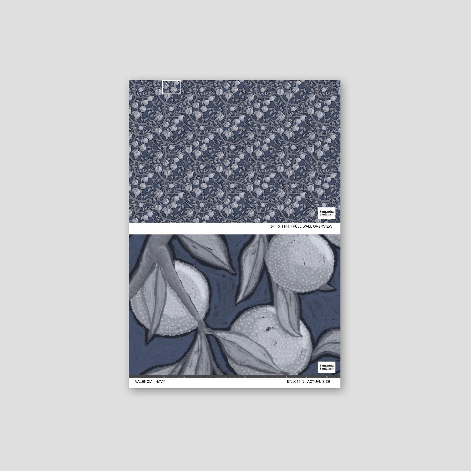 Navy botanical wallpaper with branches and fruits, Valencia pattern.