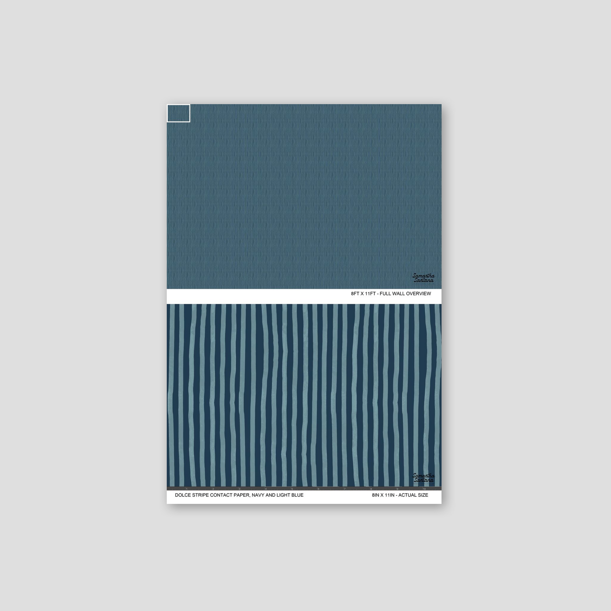 Navy and light blue vertical stripe contact paper, shelf liner sample with textured pattern.