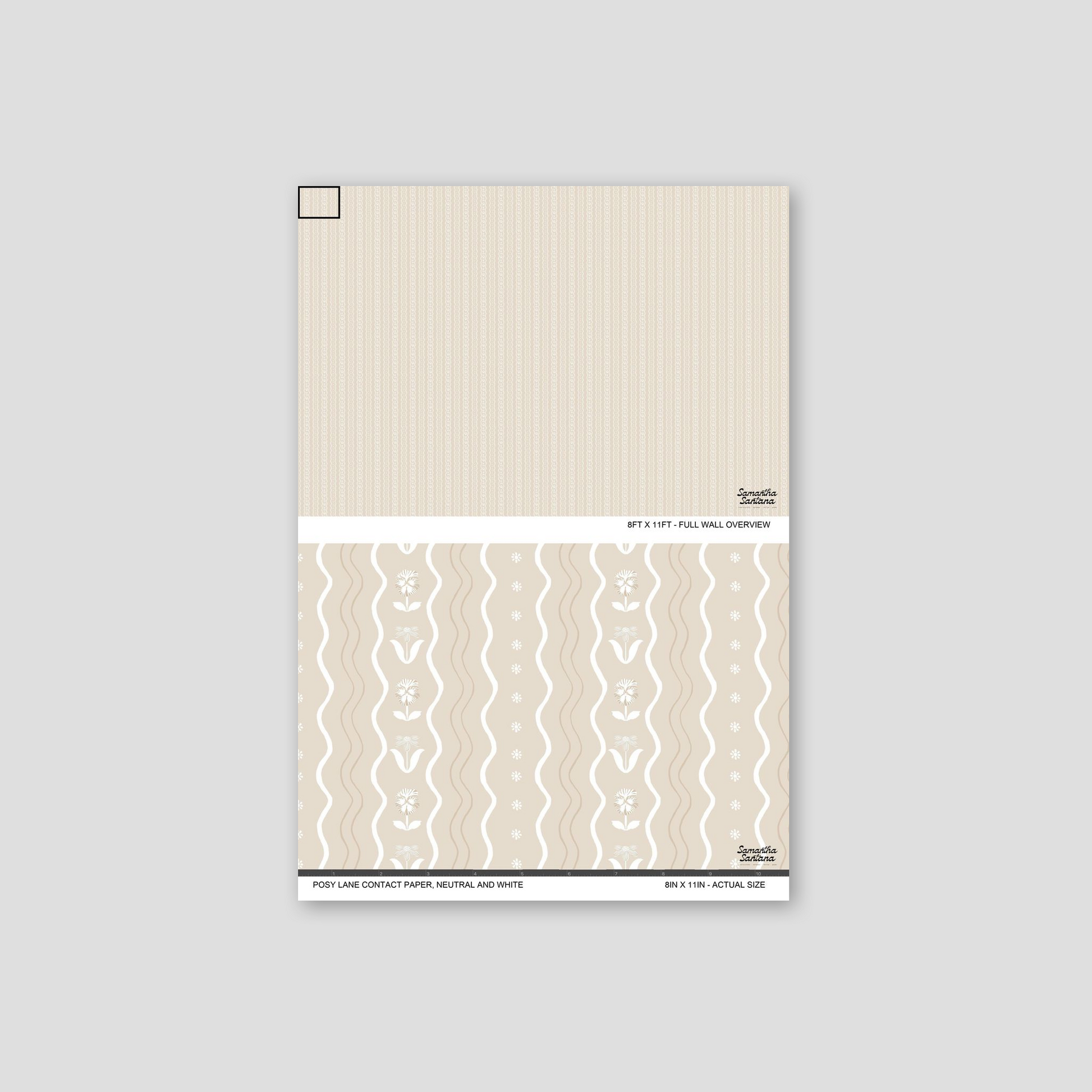 Neutral floral contact paper, shelf liner with wavy patterns and delicate motifs.